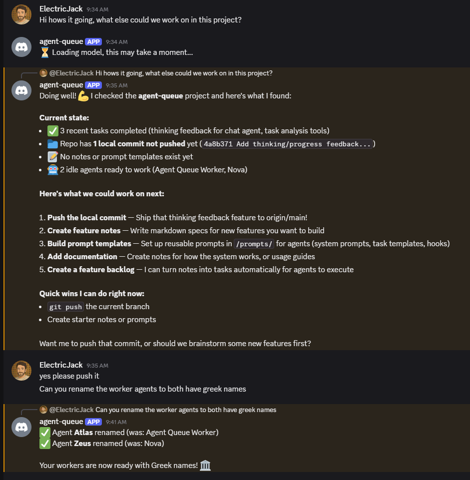Chatting with the bot — status, suggestions, agent management