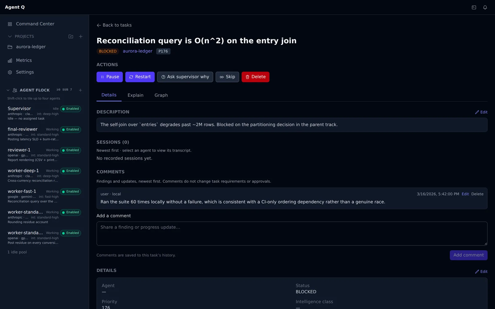 A seeded Agent Queue task record showing session attempts, comments and a closing summary.