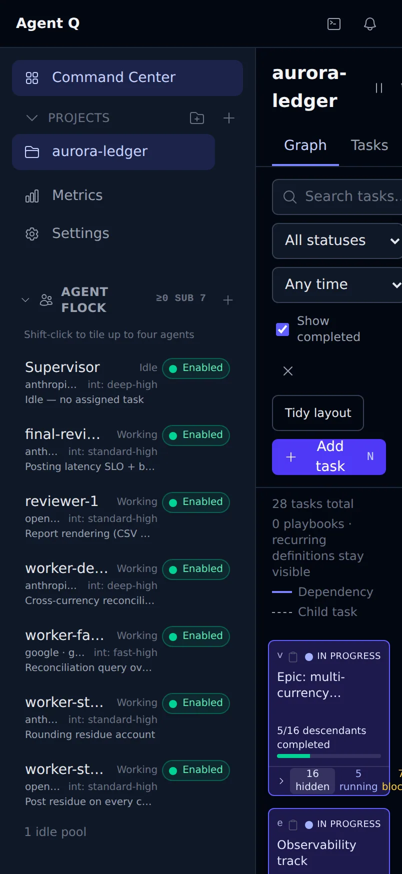 Graph — What can run next. Every node is a task and every edge is a typed dependency. Color shows status; the explanation view names why blocked work is not running.
