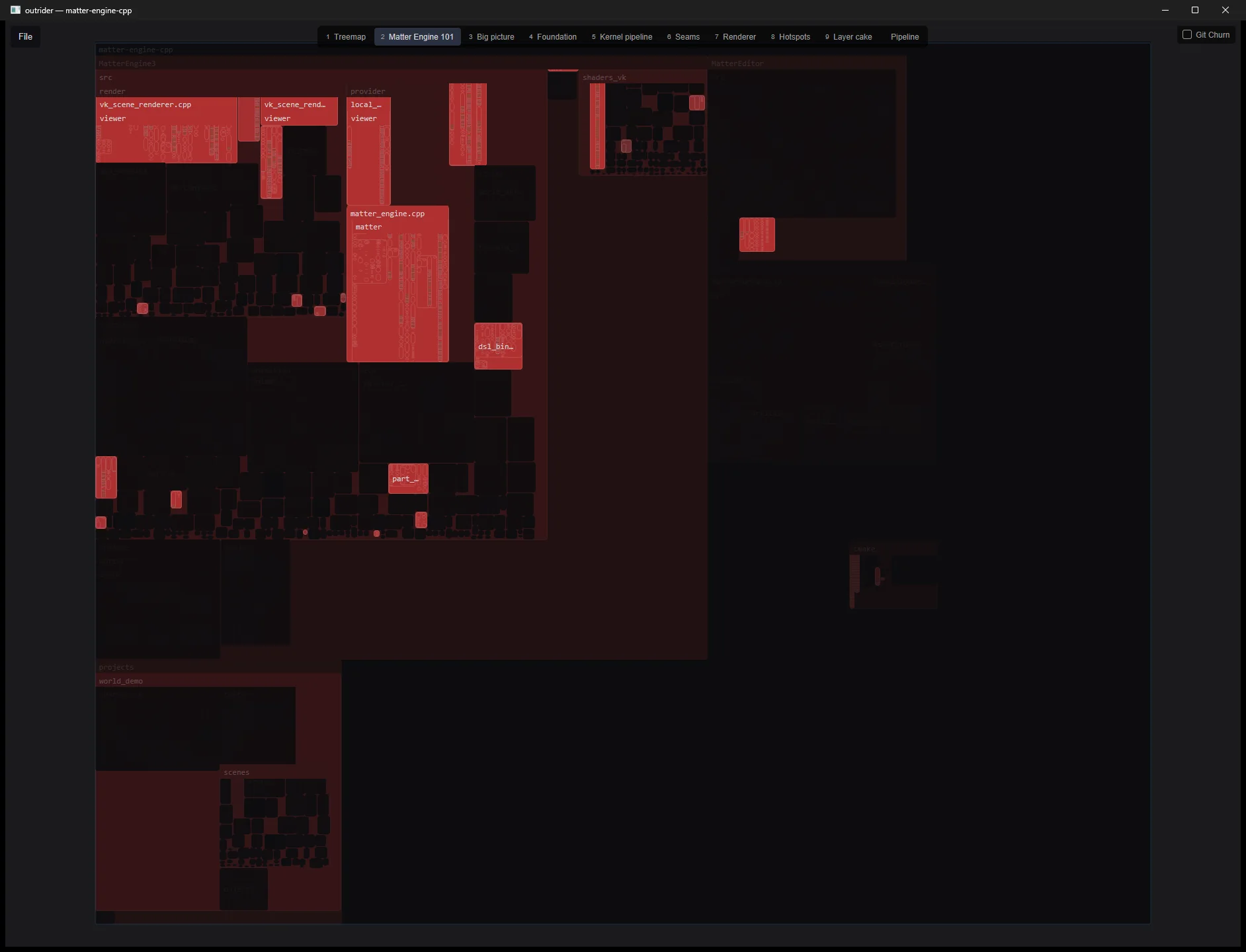 The same frame with everything outside changed(HEAD~1) dimmed, leaving only the paths the last commit touched lit.