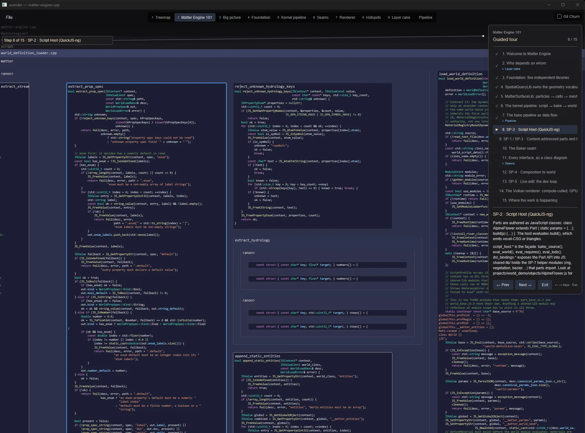 Two script-host functions framed side by side at the code rung, both readable, with the tour navigator open on the right.