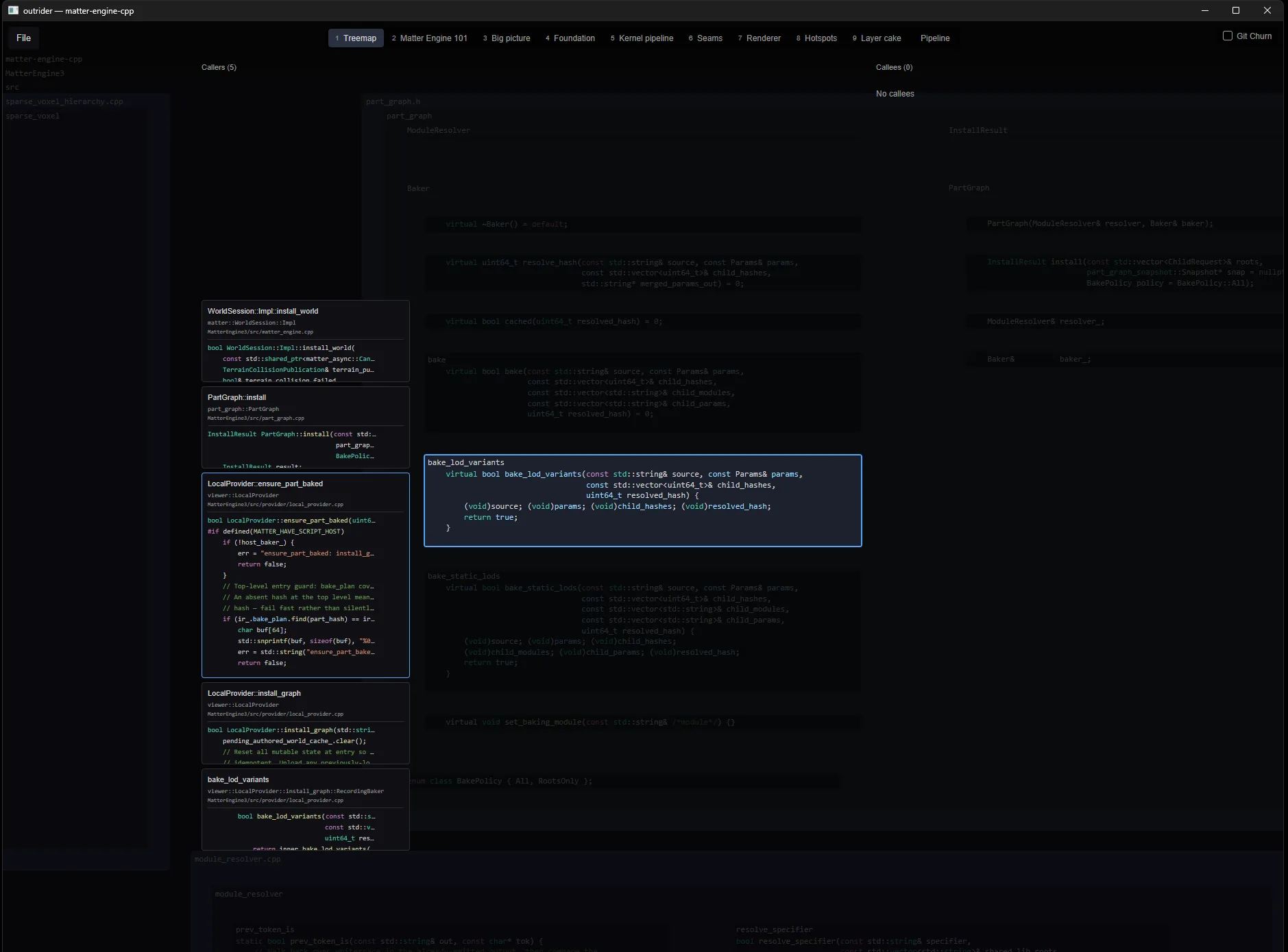 A focused function in the baker with its callers drawn to the left and its callees to the right, each as a readable code box.