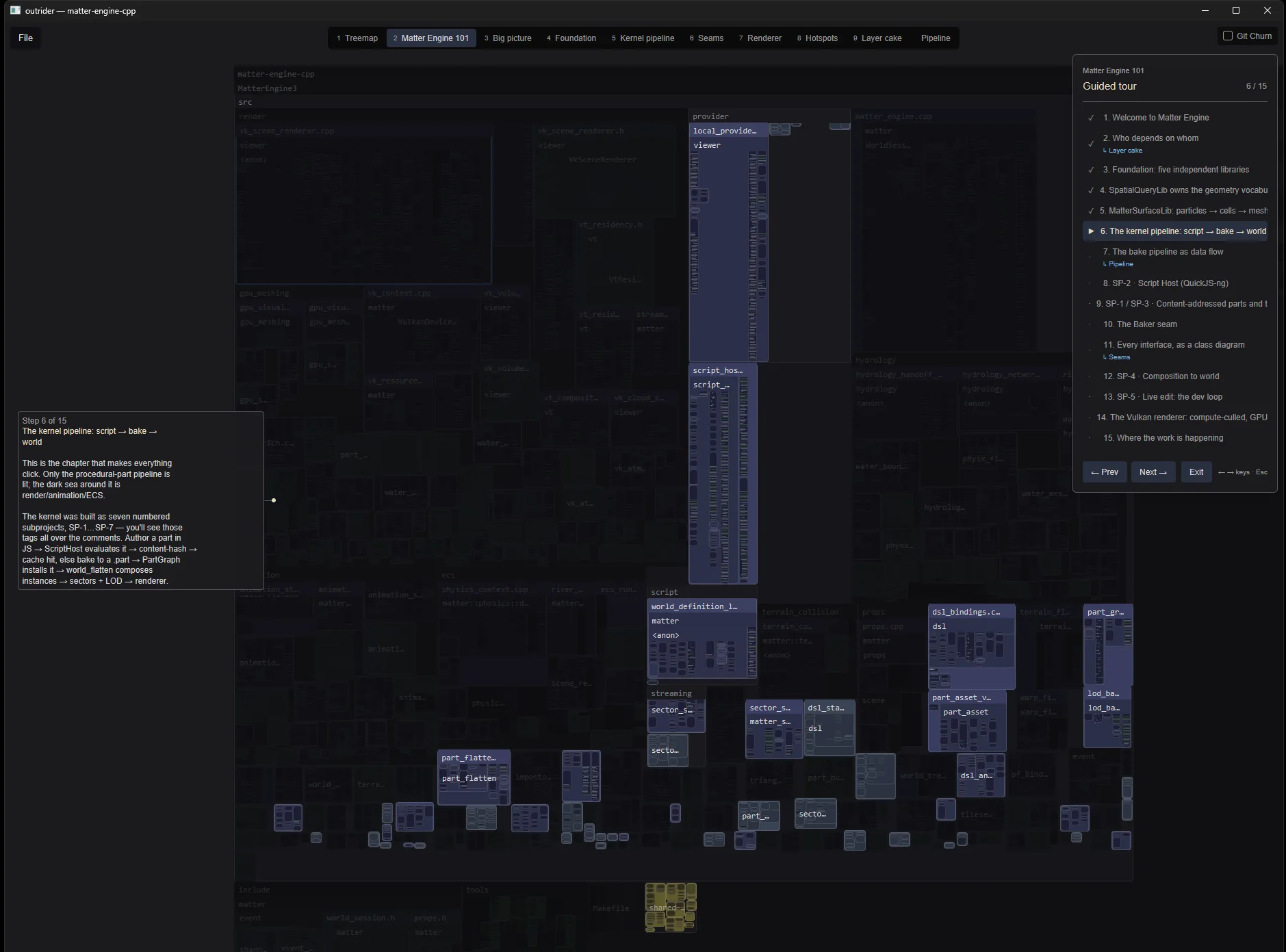 A tour authored with run-outrider, with a highlighted function, dimmed surrounding map, navigator and marked agent narration.